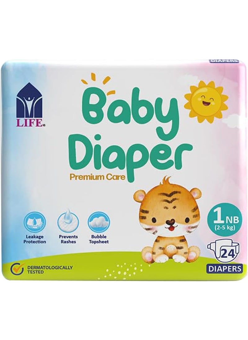 Baby Diaper Premium Care | Leakage Protection | Prevents Rashes | Bubble Topsheet | Dermatologically Tested | Size 1Newborn (2-5 KG) | 24 Diapers