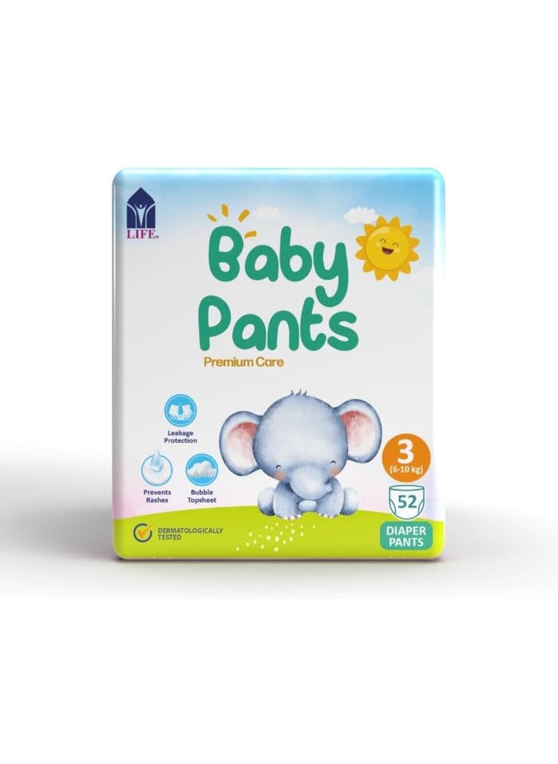 Baby Diaper Pants Premium Care | Leakage Protection | Prevents Rashes | Bubble Topsheet | Dermatologically Tested | Size 3-Medium (6-10KG) 52 Diapers