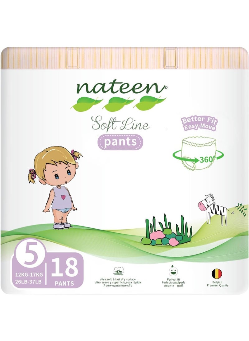 Soft Line Baby Pants Diapers,Size 5 (12-17kg), X-Large Baby Pull Ups,18 Count Diaper Pants,Super Soft and Breathable Baby Diapers Pants(18 Count)