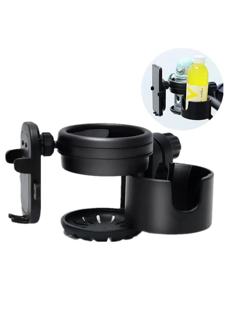 Cup Holder Upgraded Universal 3-in-1 Cup Holder with Phone Holder Organizer Accommodates two cups 360° Rotation One-hand Operationm for Stroller Bike Walker Wheelchair Scooter