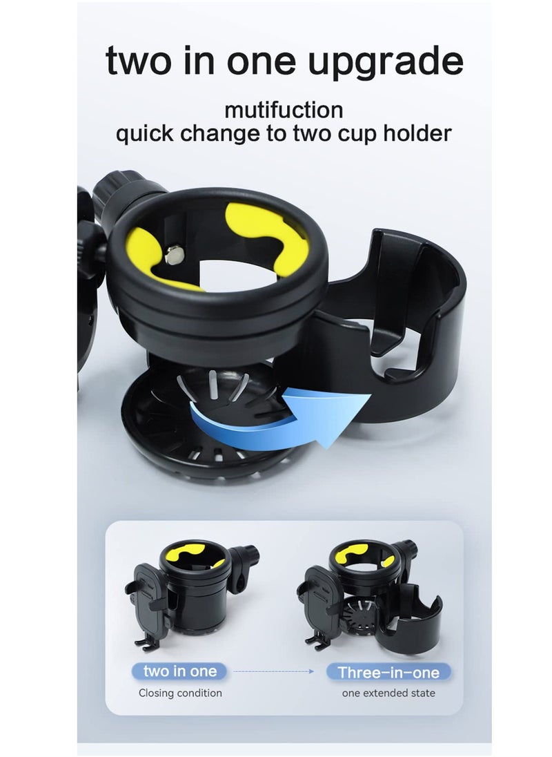 Cup Holder Upgraded Universal 3-in-1 Cup Holder with Phone Holder Organizer Accommodates two cups 360° Rotation One-hand Operationm for Stroller Bike Walker Wheelchair Scooter
