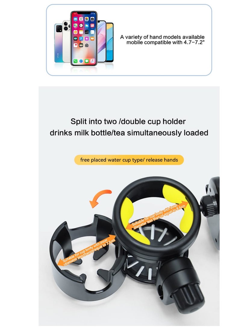 Cup Holder Upgraded Universal 3-in-1 Cup Holder with Phone Holder Organizer Accommodates two cups 360° Rotation One-hand Operationm for Stroller Bike Walker Wheelchair Scooter