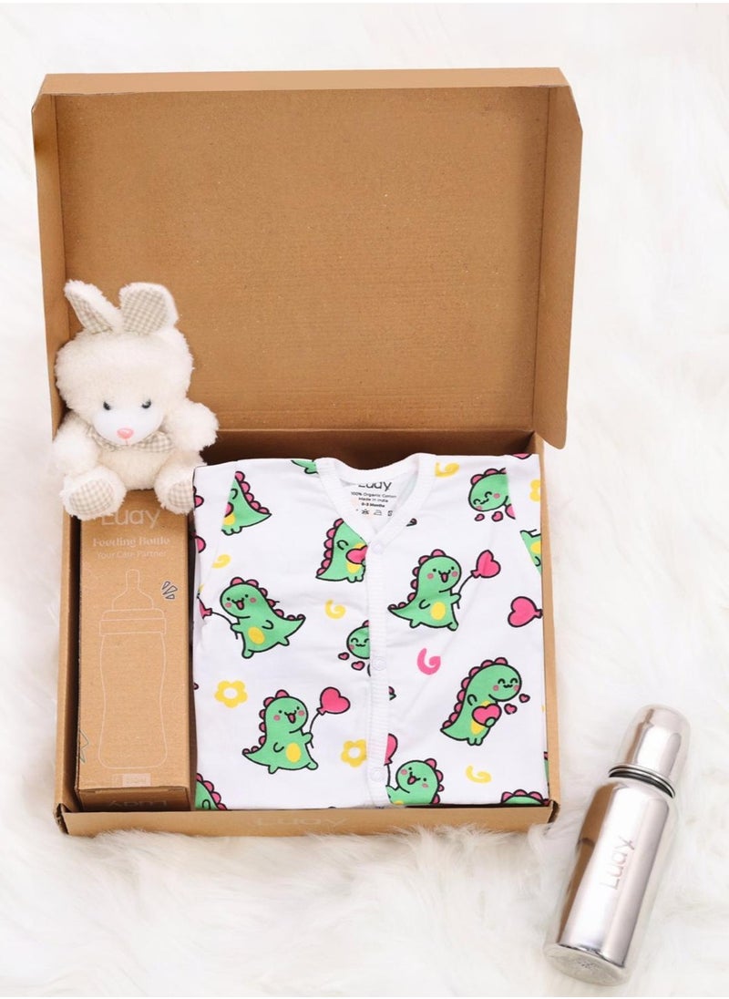 Premium Gift Box Set with The Baby Romper, Baby Feeding Bottle and Teddy Bear Best Hamper for Babies (0-3 M)