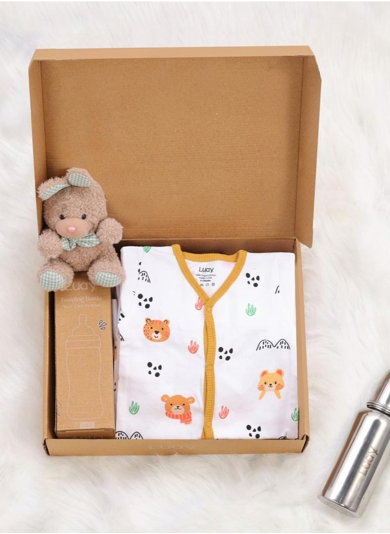 Premium Gift Box Set with The Baby Romper, Baby Feeding Bottle and Teddy Bear Best Hamper for Babies (6-9 M)
