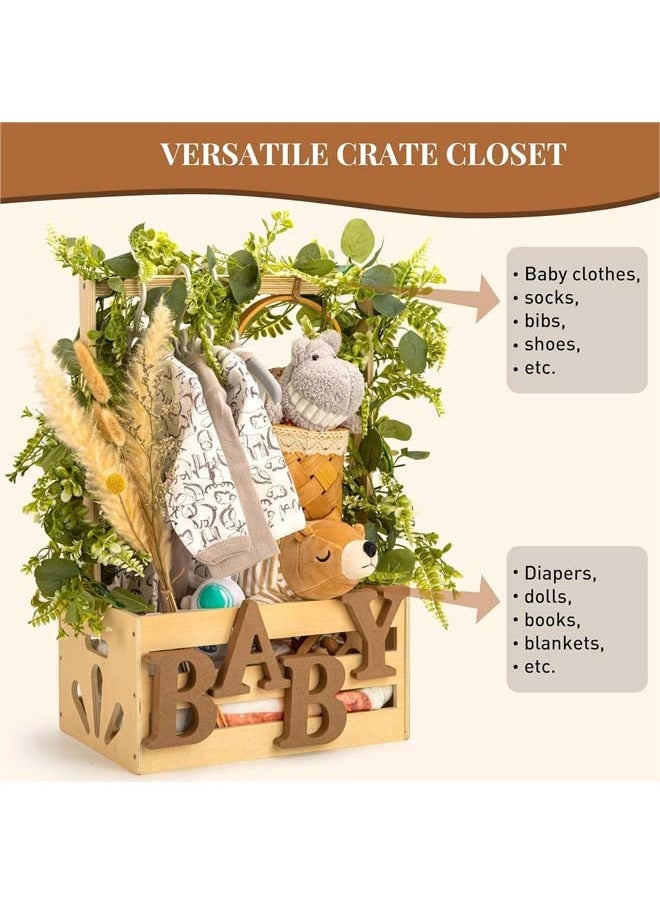 Wooden Baby Shower Crate Closet, Baby Storage Crate with Handle, Basket for Baby Shower Gifts, Welcome Gift Basket for Newborn Boys Girls, Pregnancy Gifts for New Parents
