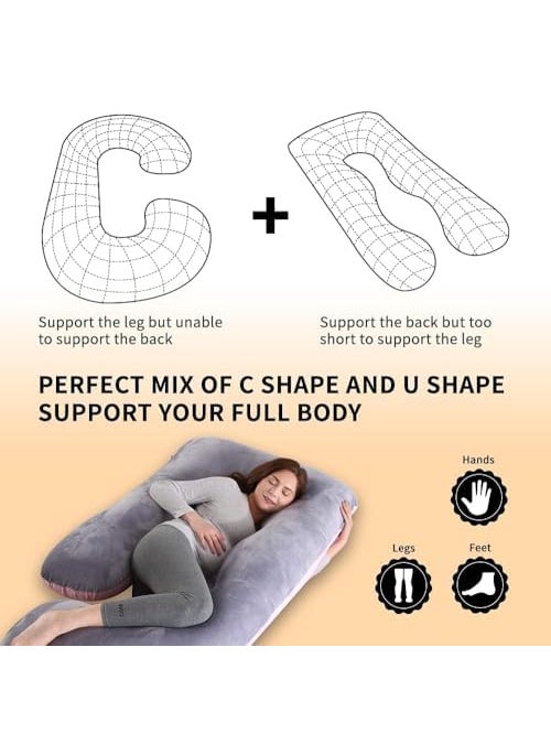 Saffron rabbit Comfort Pregnancy Pillow J Shape Sleeping Maternity Pregnancy Pillow Full Body Support for Back HIPS Legs Belly for Pregnant WomenRemovable Washable Velvet Cover Grey