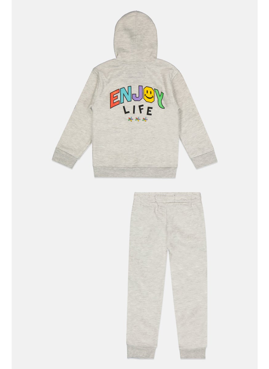 Kids Boy 2 Piece Printed  Long Sleeve Hoodie And Pants, Light Grey