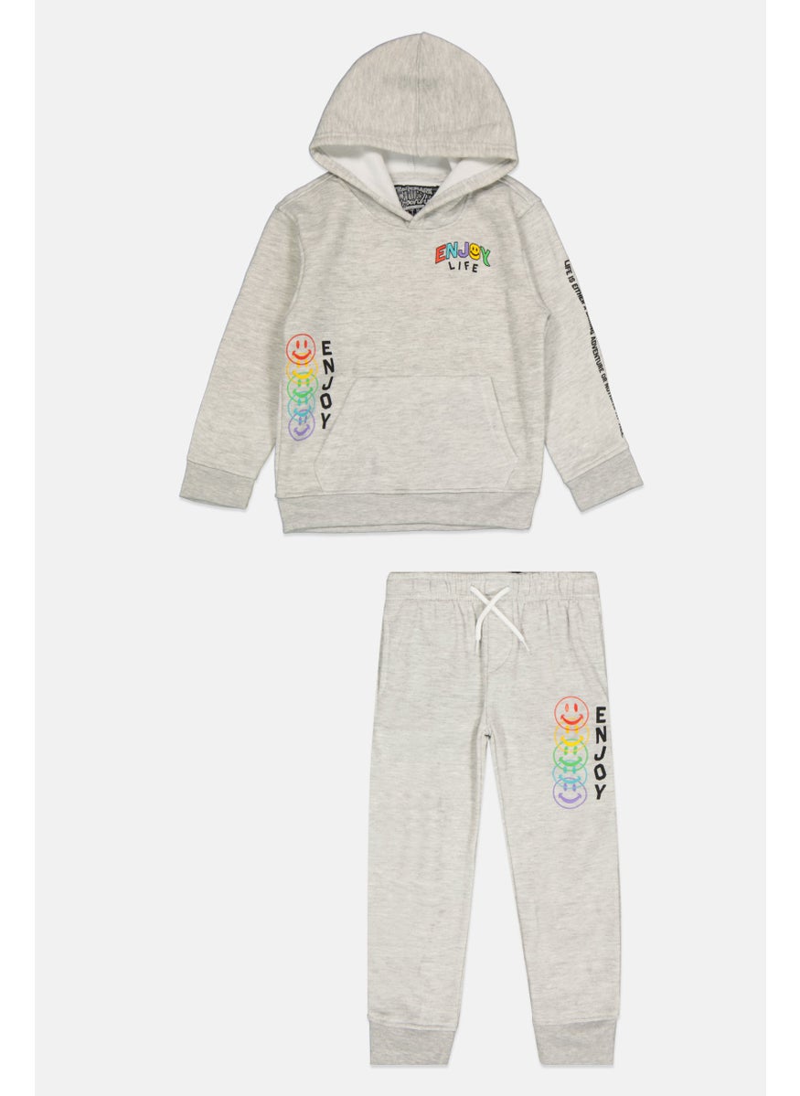 Toddlers Boy 2 Piece Hooded Printed Long Sleeve Sweatshirt And Pant, Light Grey