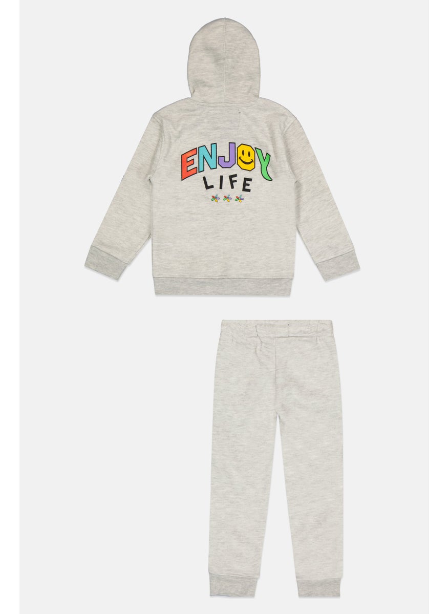 Toddlers Boy 2 Piece Hooded Printed Long Sleeve Sweatshirt And Pant, Light Grey