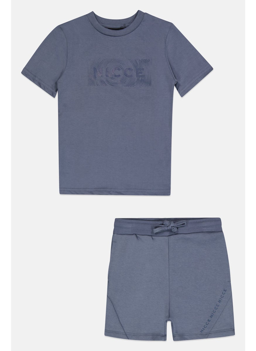 Kids Boy 2 Pieces Short Sleeve Brand Logo Top And Short Set, Dusty Blue