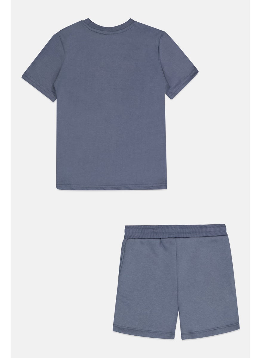 Kids Boy 2 Pieces Short Sleeve Brand Logo Top And Short Set, Dusty Blue