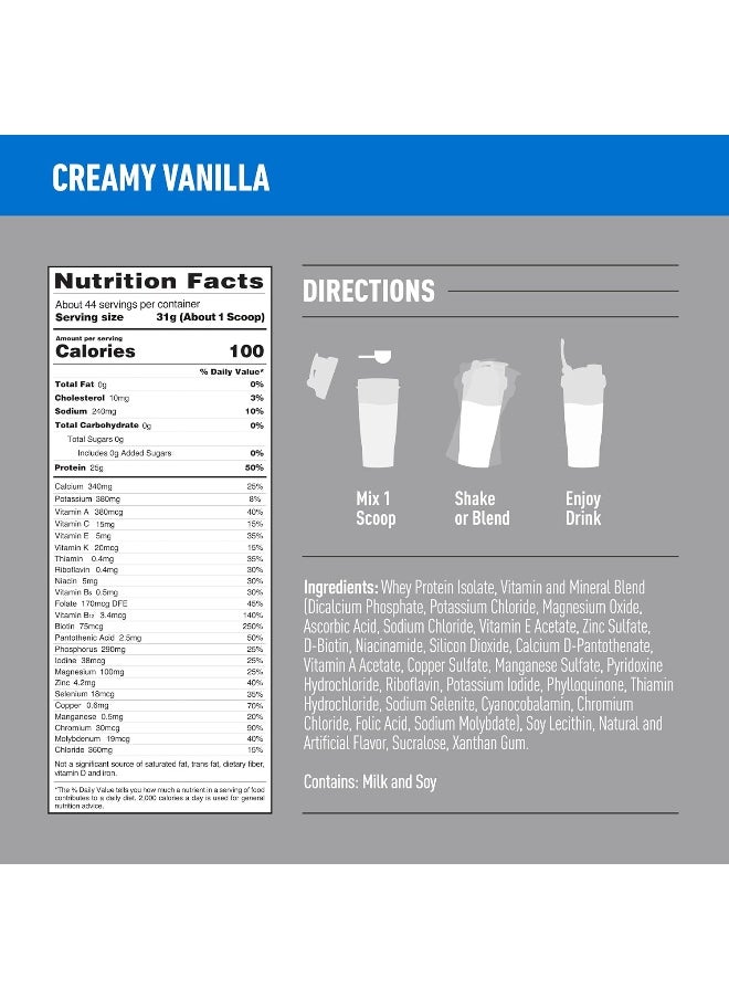 Zero Carb Whey Protein Isolate Powder with Vitamin C & Zinc for Immune Support, 25g Protein, & Keto Friendly - Creamy Vanilla, 3 Lbs ,41 Servings (1.36 KG)