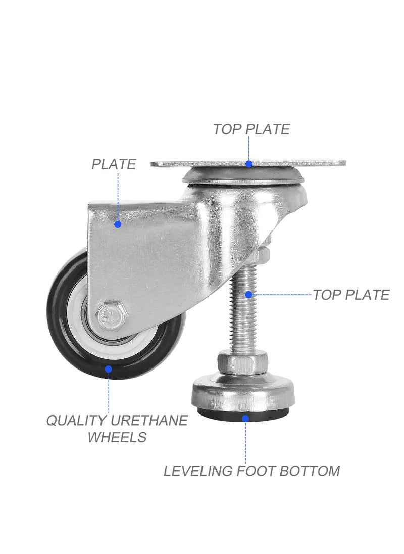 Swivel Leveling Castors Set of 4, 50mm Adjustable Wheels for Industrial Applications, Ideal for Workbenches and Trolleys, Load Capacity 66kg