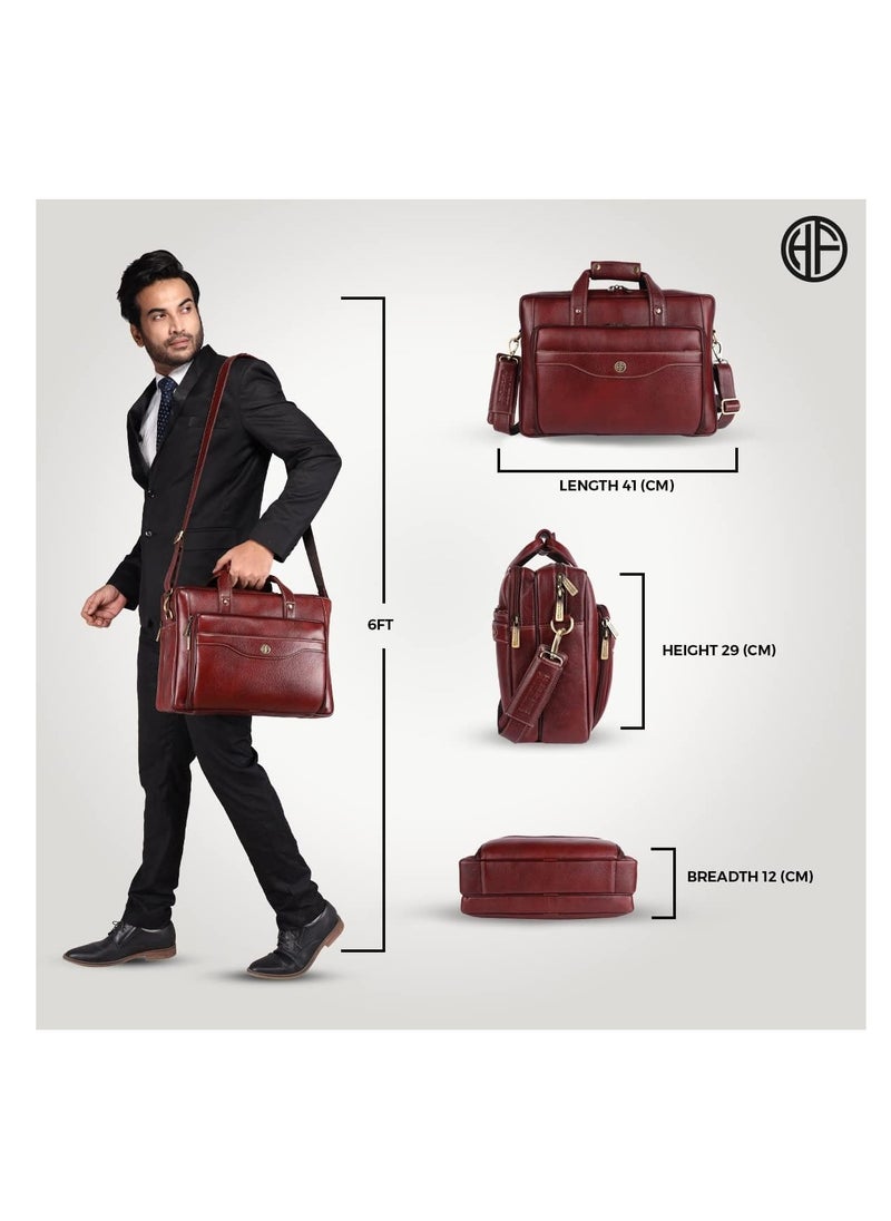 Leather Office Bag for Man with Trolley Strap - Laptop Bag for Men with 15.6 Inch Laptop Compartment - Adjustable Strap - Leather Bag for Men  | Brown | DS32