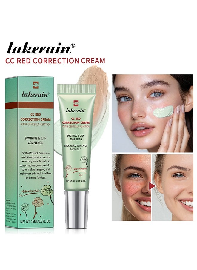 CC Red Correction Cream With Centella Asiatica - Color Correcting Formula for Blemishes, Red Skin, & Acne Marks - Lightweight, Non-Greasy - Hydration Skin and SPF Protection (Green)