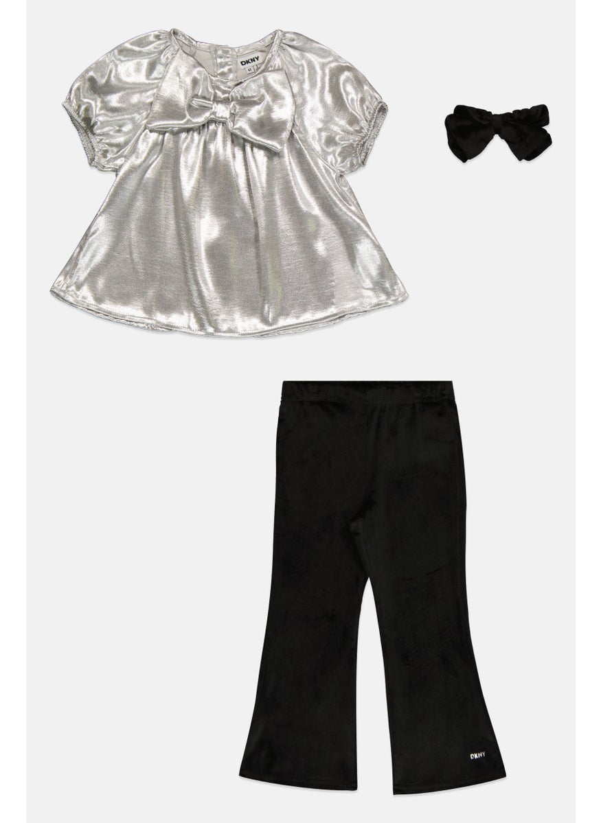Toddlers Girl 3 Piece Top And Bottom Set, Silver/Black