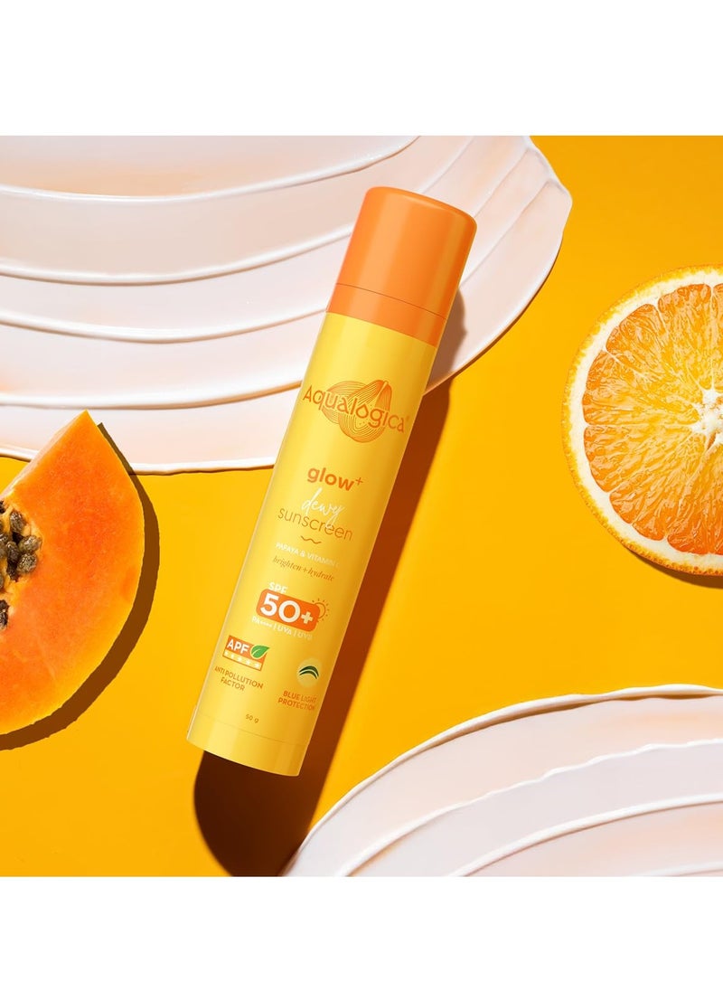Aqualogica Glow+ Dewy Sunscreen SPF 50 PA++++ - Papaya & Vitamin C for Bright, Glowing Skin | UVA/B & Blue Light Protection, Anti-Pollution, No White Cast, Fragrance-Free - 50g