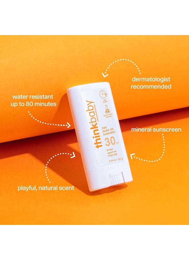 Thinkbaby SPF 30 Sunscreen Stick - Safe, Natural, Water Resistant Sun Cream for Babies, Kids & Adults - Mineral UVA/UVB Sun Protection - Reef Friendly Travel Stick, 0.64 oz