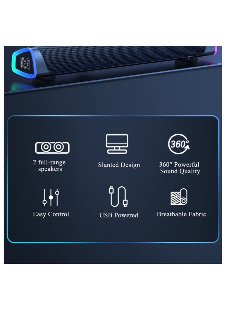 Computer Speakers, Wired USB-Powered Bluetooth V5.3 PC Sound Bar, Colorful RGB Lights with Switch Button, Surround Sound Portable Computer SoundBar Speaker for Desktop Laptop Phone(Black）