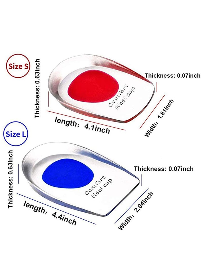 Gel Heel Cups Plantar Fasciitis Inserts  Silicone Heel Cup Pads for Bone Spurs Pain Relief Protectors of Your Sore or Bruised Feet Insole Gels Treatment 2 PCSRed `S`Blue 'L'