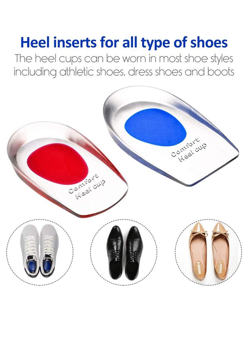 Gel Heel Cups Plantar Fasciitis Inserts  Silicone Heel Cup Pads for Bone Spurs Pain Relief Protectors of Your Sore or Bruised Feet Insole Gels Treatment 2 PCSRed `S`Blue 'L'