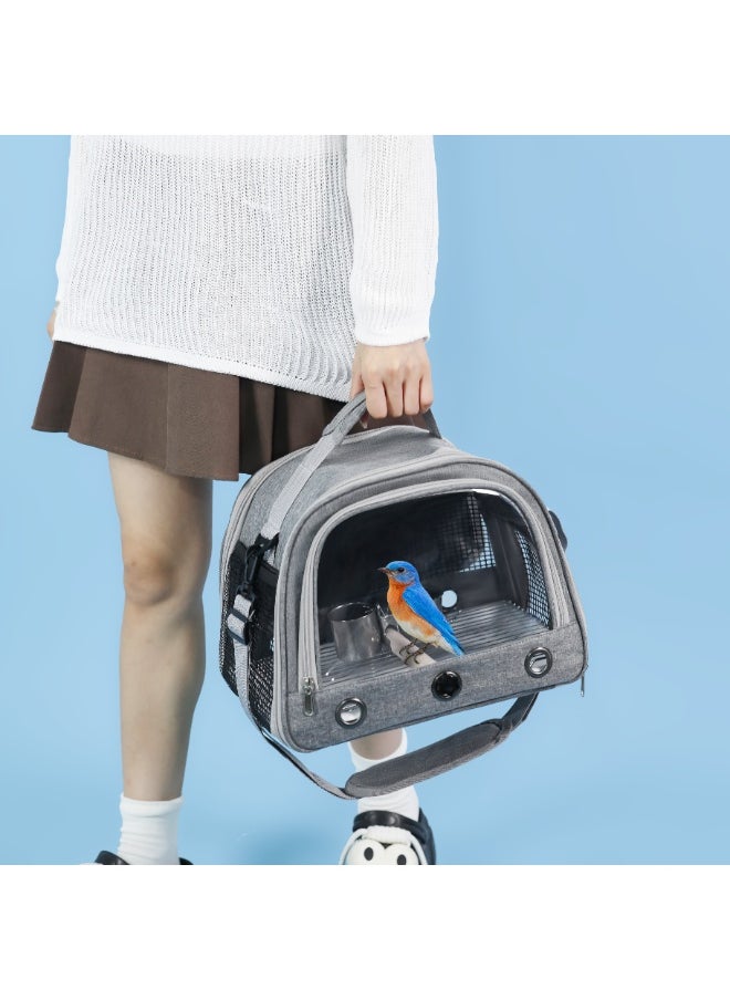 Foldable Bird Carrier Backpack Set for Pet Parrots, Pigeons, Budgies & Cockatiels - Travel Bag with Perch Stand, Trays, Food Cups | Lightweight Oxford Fabric Pet Carrier (Grey)