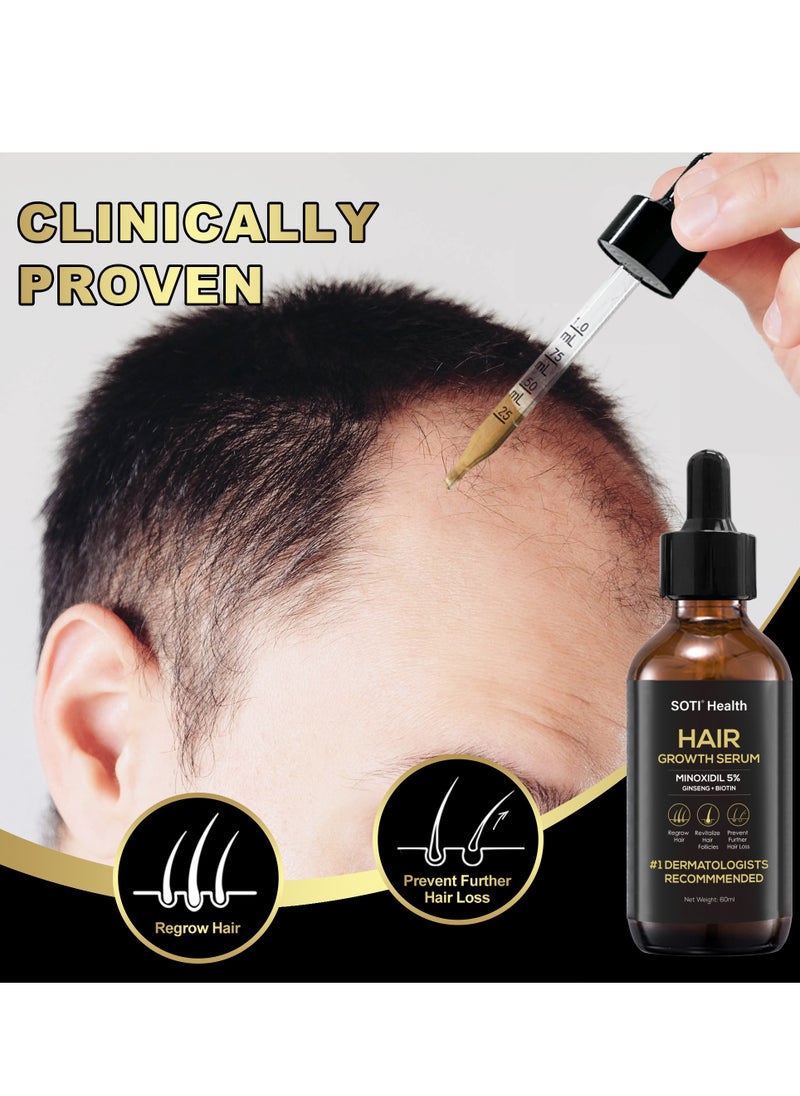 Minoxidil 5% Hair Growth, Hair Loss Regrowth Serum 60ml. Made in USA! Dermatologists Recommended. Ginseng and Biotin Extra Strength Formula (3 Pack)