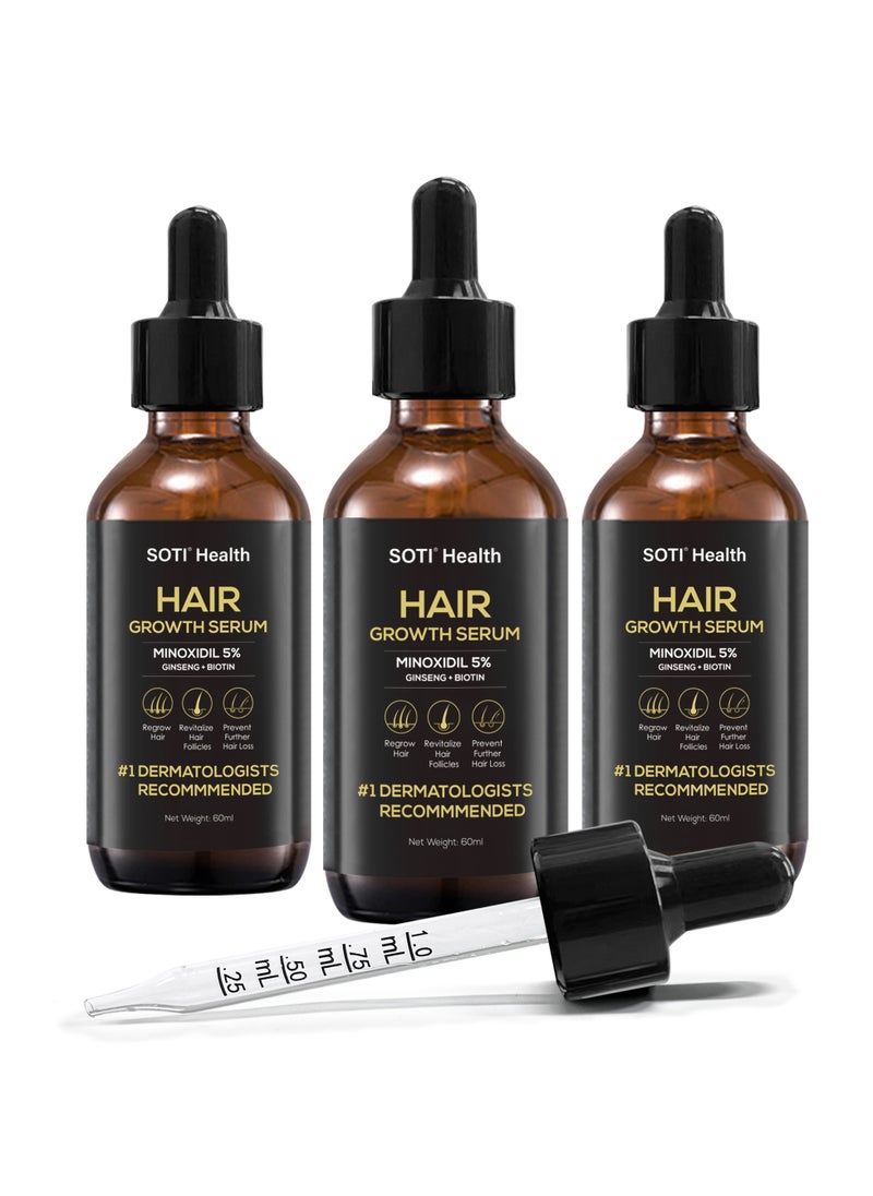 Minoxidil 5% Hair Growth, Hair Loss Regrowth Serum 60ml. Made in USA! Dermatologists Recommended. Ginseng and Biotin Extra Strength Formula (3 Pack)
