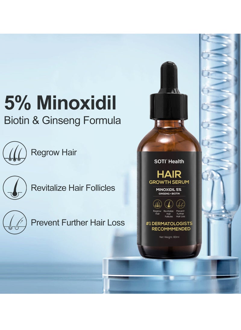 Minoxidil 5% Hair Growth, Hair Loss Regrowth Serum 60ml. Made in USA! Dermatologists Recommended. Ginseng and Biotin Extra Strength Formula (3 Pack)