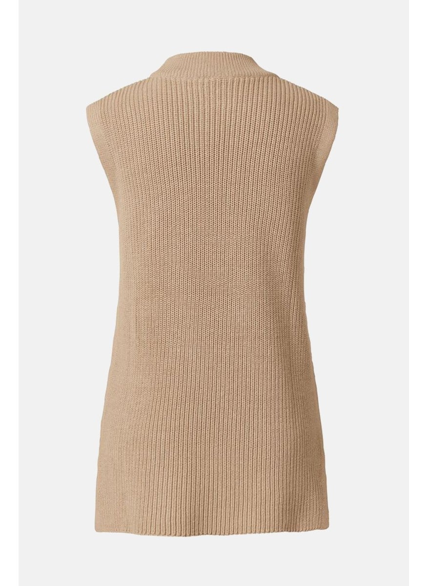 Women Mock Neck Sleeveless Knitted Vest, Tan
