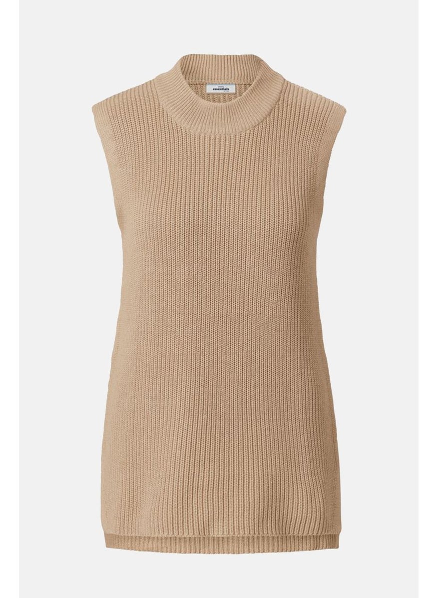 Women Mock Neck Sleeveless Knitted Vest, Tan