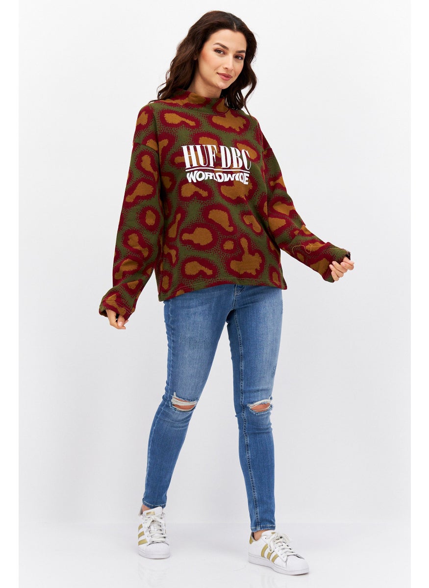 Women Mock Neck Long Sleeve Allover Print Sweatshirt, Multicolor