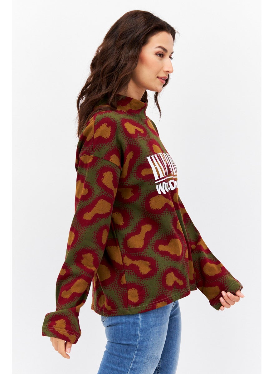 Women Mock Neck Long Sleeve Allover Print Sweatshirt, Multicolor