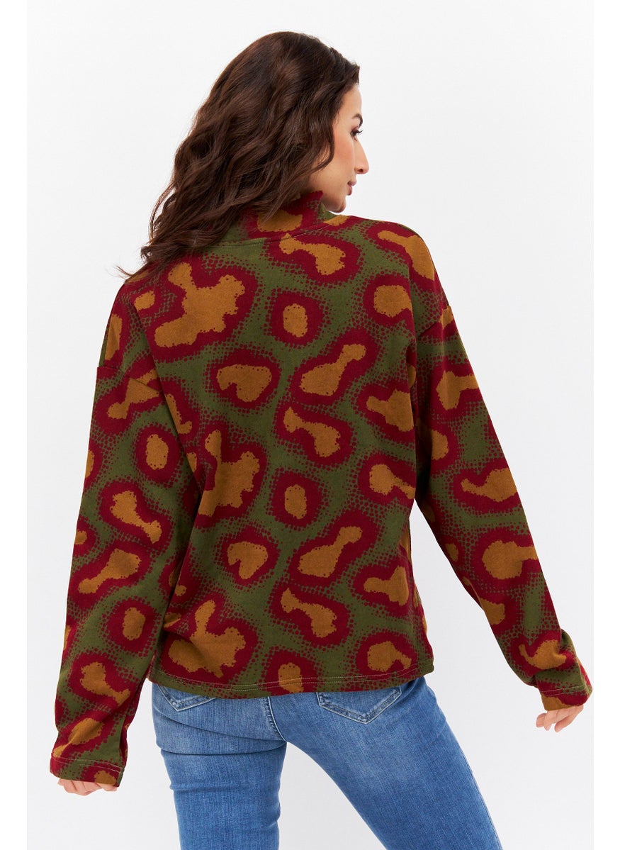 Women Mock Neck Long Sleeve Allover Print Sweatshirt, Multicolor