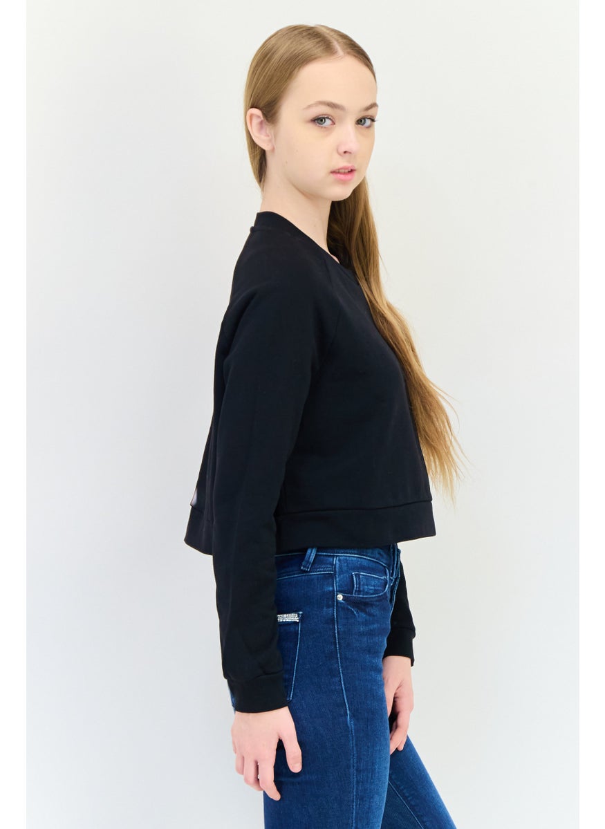 Women Round Neck Long Sleeve Brand Logo Sweatshirt, Black
