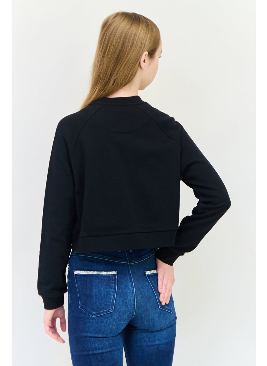 Women Round Neck Long Sleeve Brand Logo Sweatshirt, Black