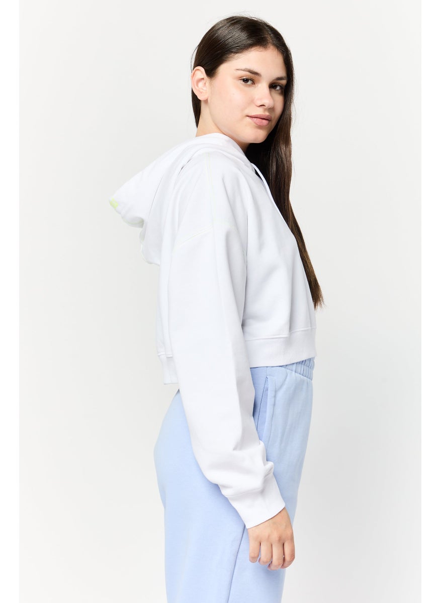 Women Graphic Print Long Sleeves Crop Hooded Sweatshirt, White