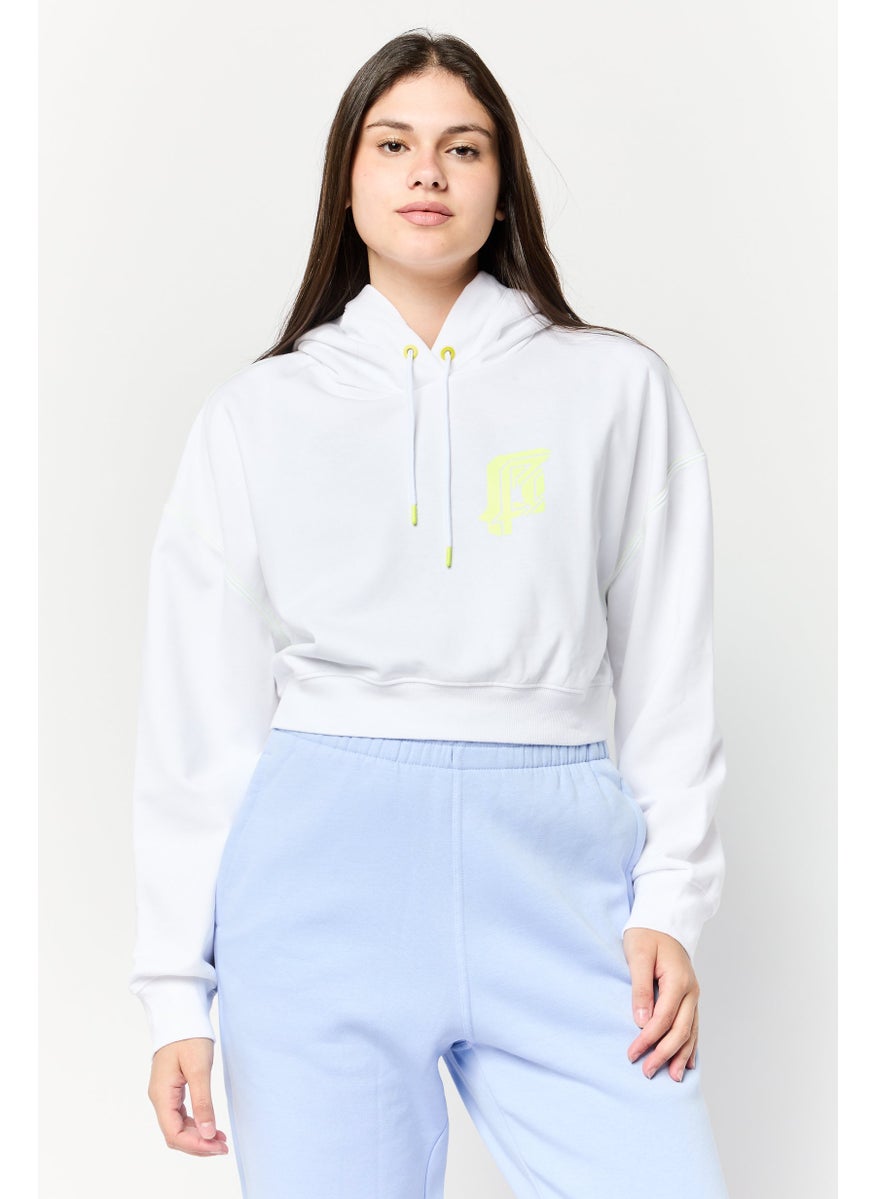 Women Graphic Print Long Sleeves Crop Hooded Sweatshirt, White