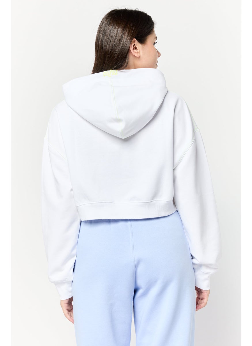 Women Graphic Print Long Sleeves Crop Hooded Sweatshirt, White