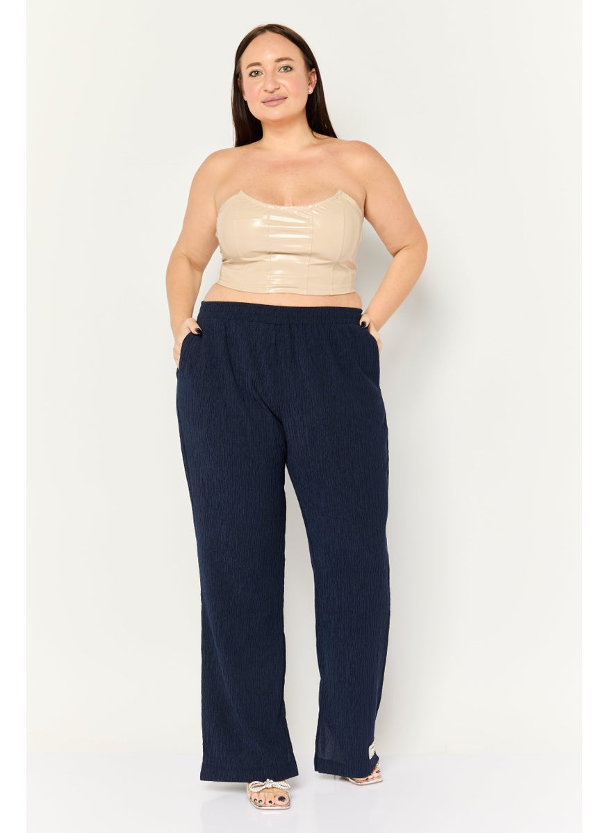 Women Wide Leg Textured Pull On Pants, Navy