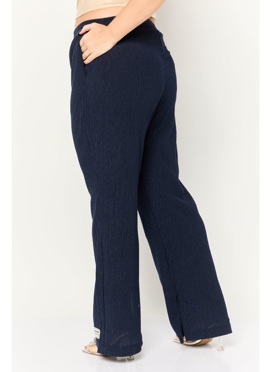 Women Wide Leg Textured Pull On Pants, Navy
