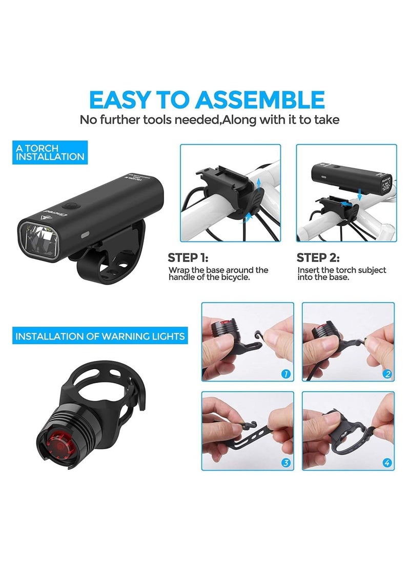 Bike Light Kit, USB Rechargeable Super Bright LED Waterproof Headlight Front and Rear Bike Lights, Easy to Install 4 Light Mode Bike Lights, Suitable for All Bikes