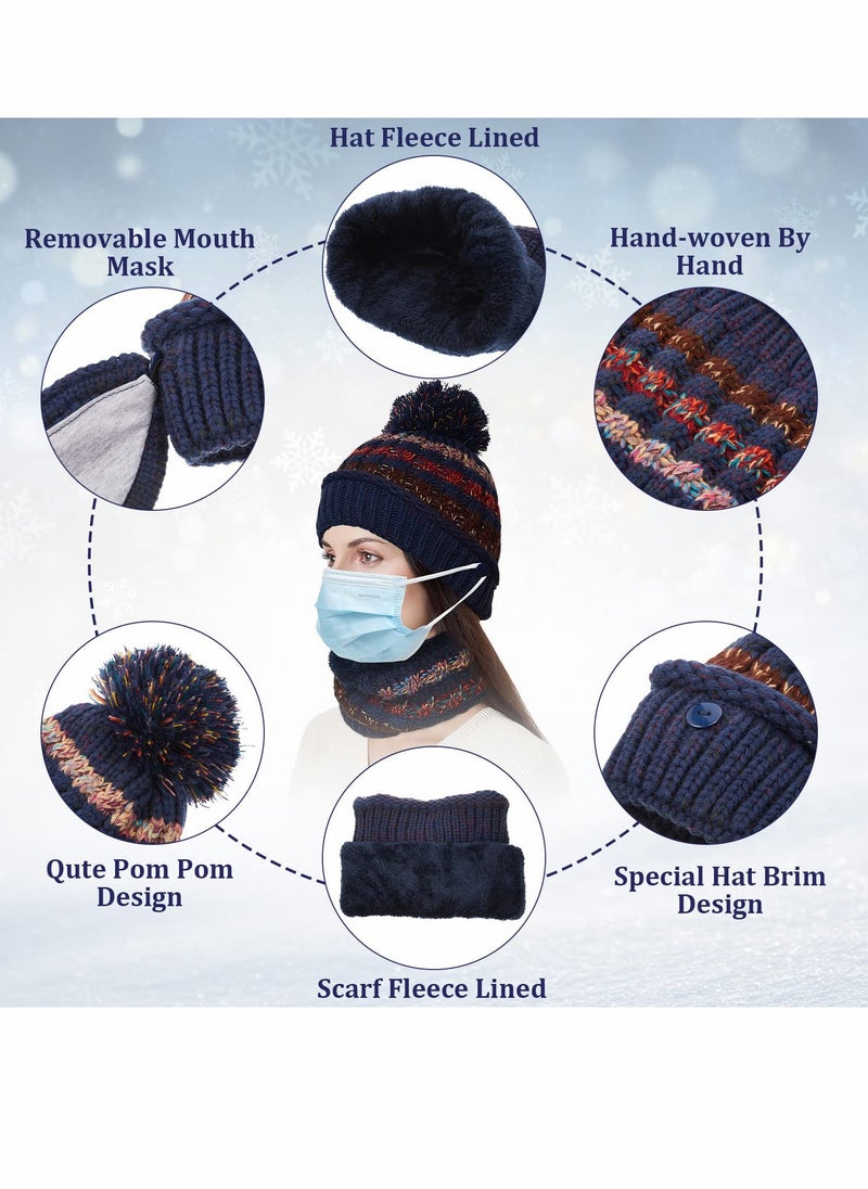 3 Pcs Womens Winter Beanie Hat Scarf Mask Golves Set, Warm Fleece Lined Ski Hat with Scarf Face Mask Touchscreen Mitten with Pom Pom for Girls