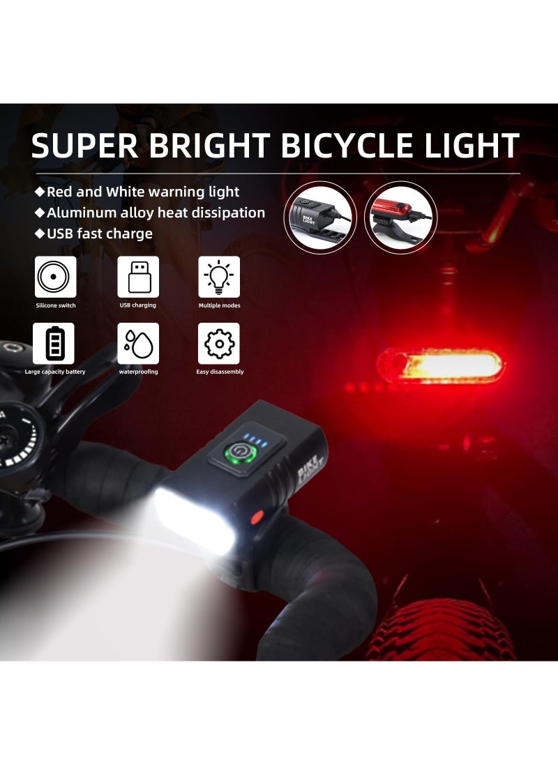 Rechargeable bicycle light set, front and tail lights, 6 lighting modes, waterproof and safe front and rear lights for bicycles, suitable for roads, mountains, and night rides