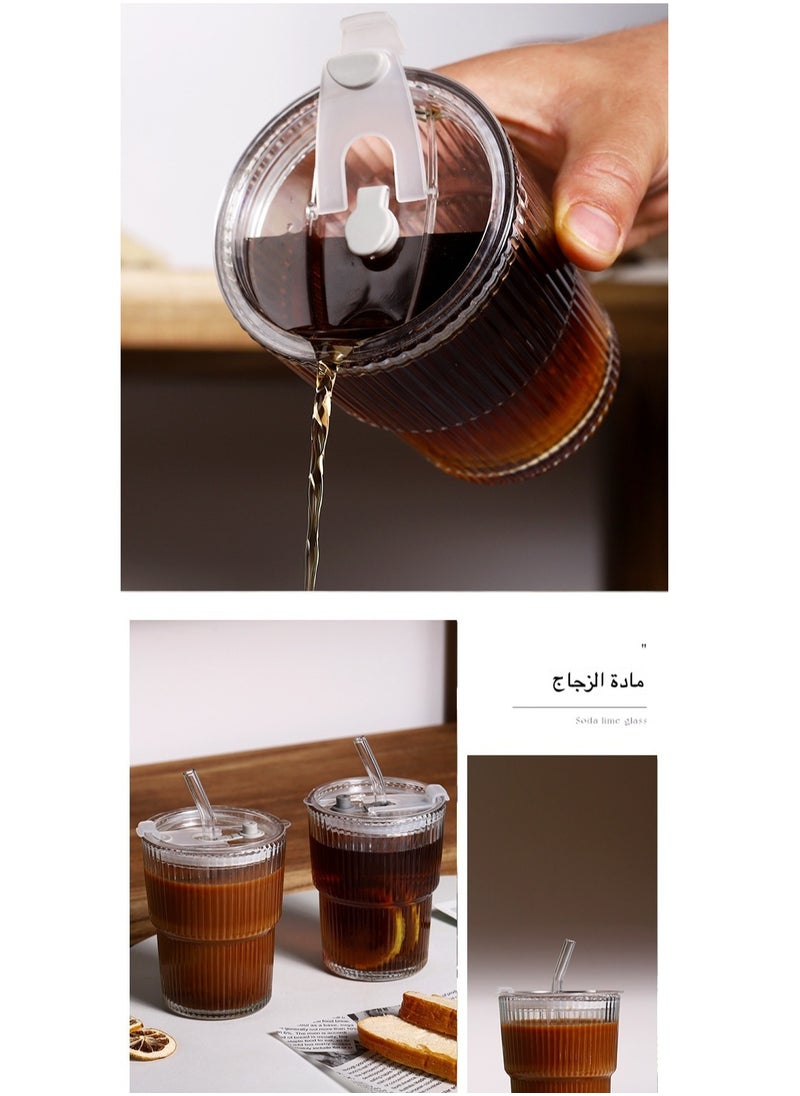 2 Pack Ribbed Glass Cups with Lids & Straws - Reusable Drinking Glasses for Iced Coffee & Juice