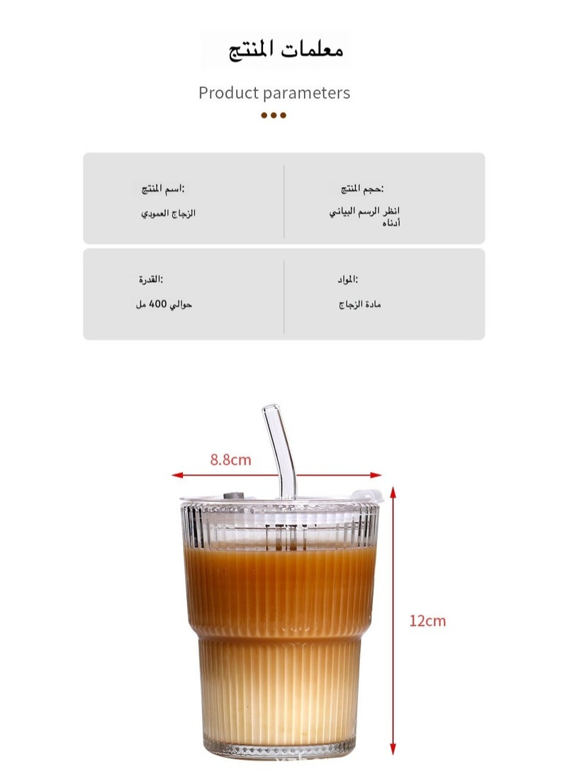 2 Pack Ribbed Glass Cups with Lids & Straws - Reusable Drinking Glasses for Iced Coffee & Juice