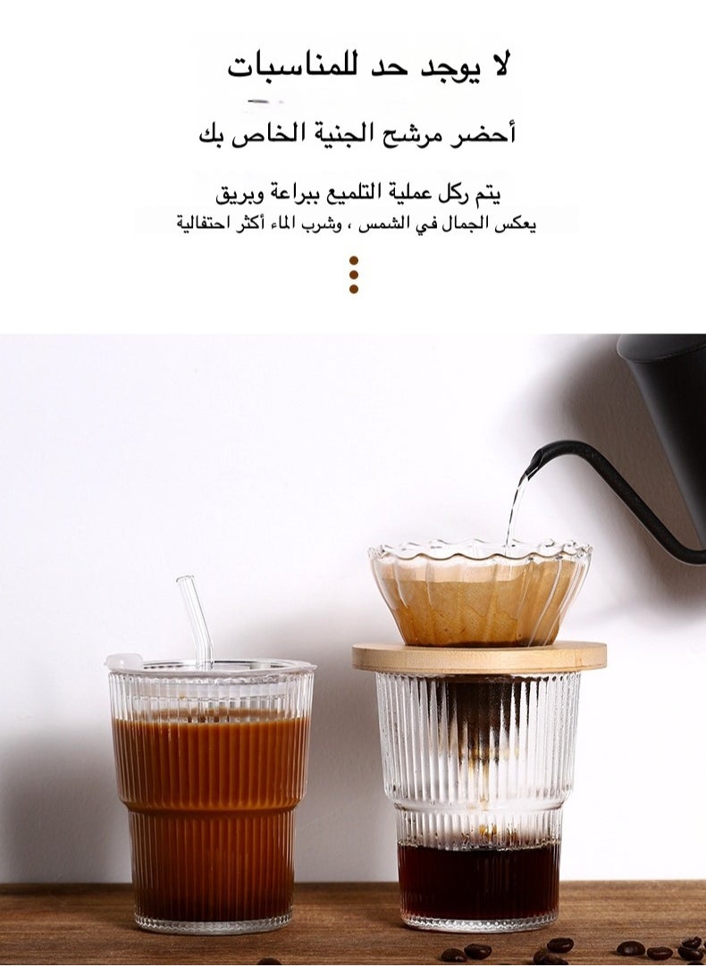 2 Pack Ribbed Glass Cups with Lids & Straws - Reusable Drinking Glasses for Iced Coffee & Juice