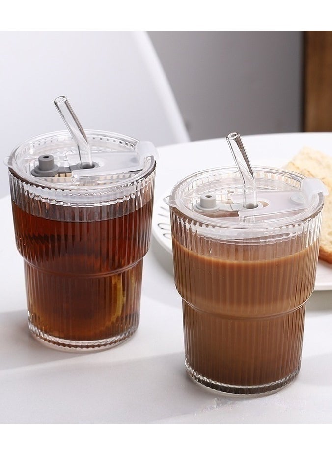 2 Pack Ribbed Glass Cups with Lids & Straws - Reusable Drinking Glasses for Iced Coffee & Juice