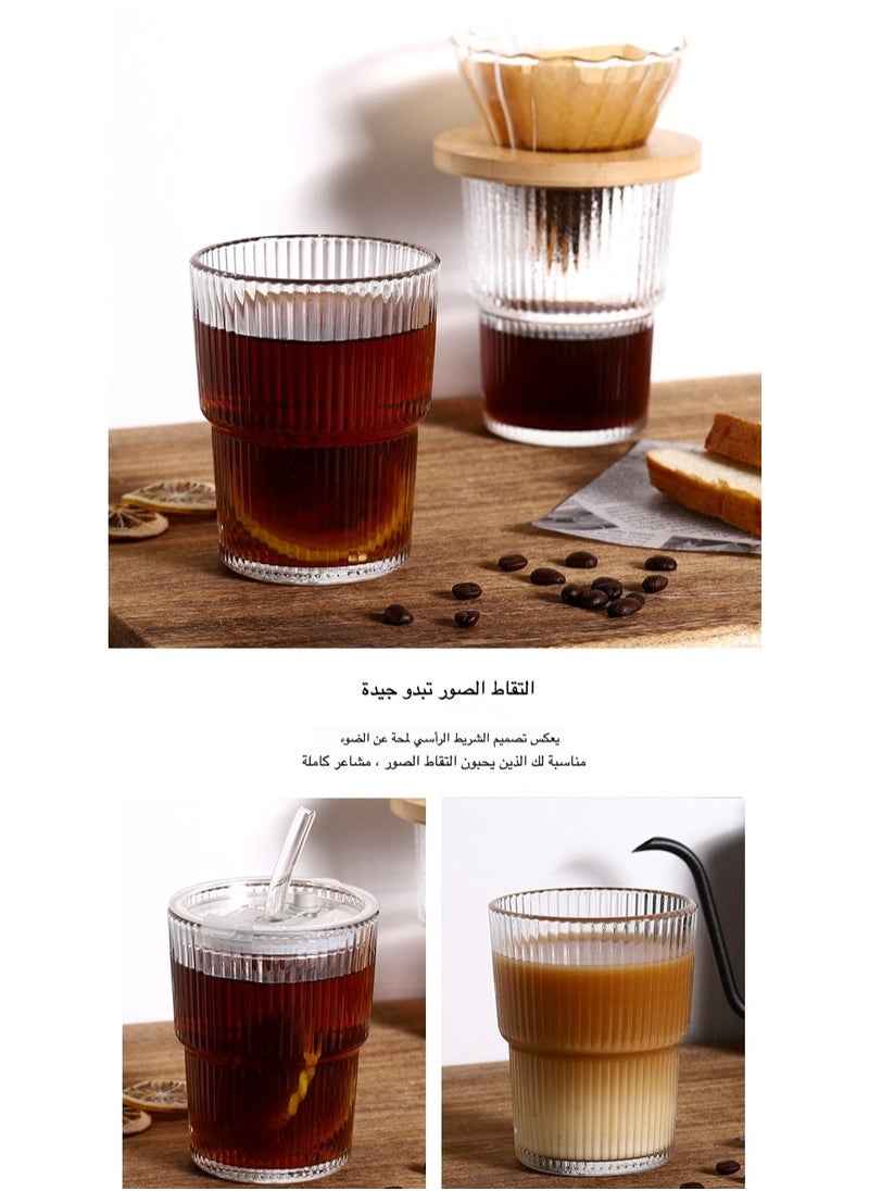 2 Pack Ribbed Glass Cups with Lids & Straws - Reusable Drinking Glasses for Iced Coffee & Juice