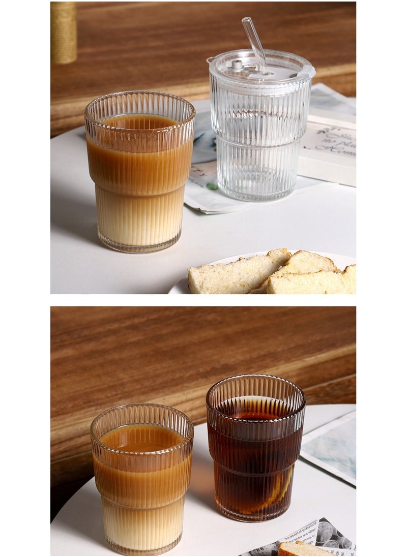 2 Pack Ribbed Glass Cups with Lids & Straws - Reusable Drinking Glasses for Iced Coffee & Juice